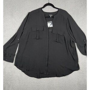 ANA A New Approach Blouse Womens Black Button Up Roll Tab Sleeves Size 2X NWT
